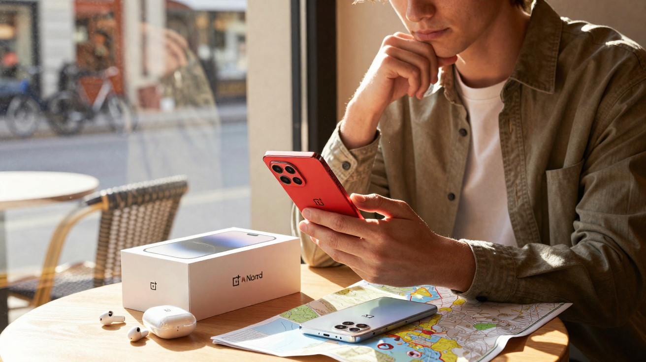 Person sitting at a table holding a red OnePlus Nord phone with map, earphones, and phone box on table.