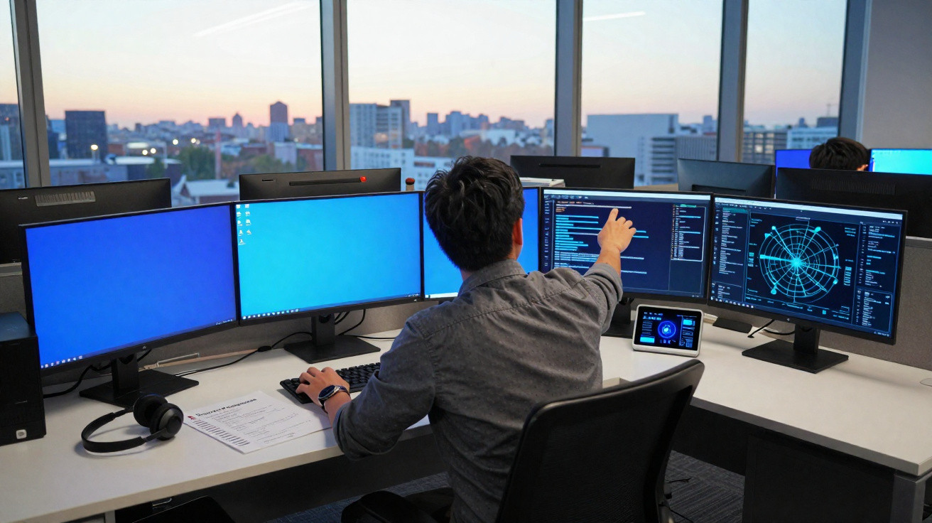 Person working at a desk with multiple computer monitors displaying code and data in an office with city view at dusk.