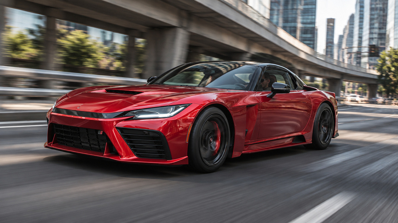 Red sports car driving fast on a city street with tall buildings and an overpass in the background.