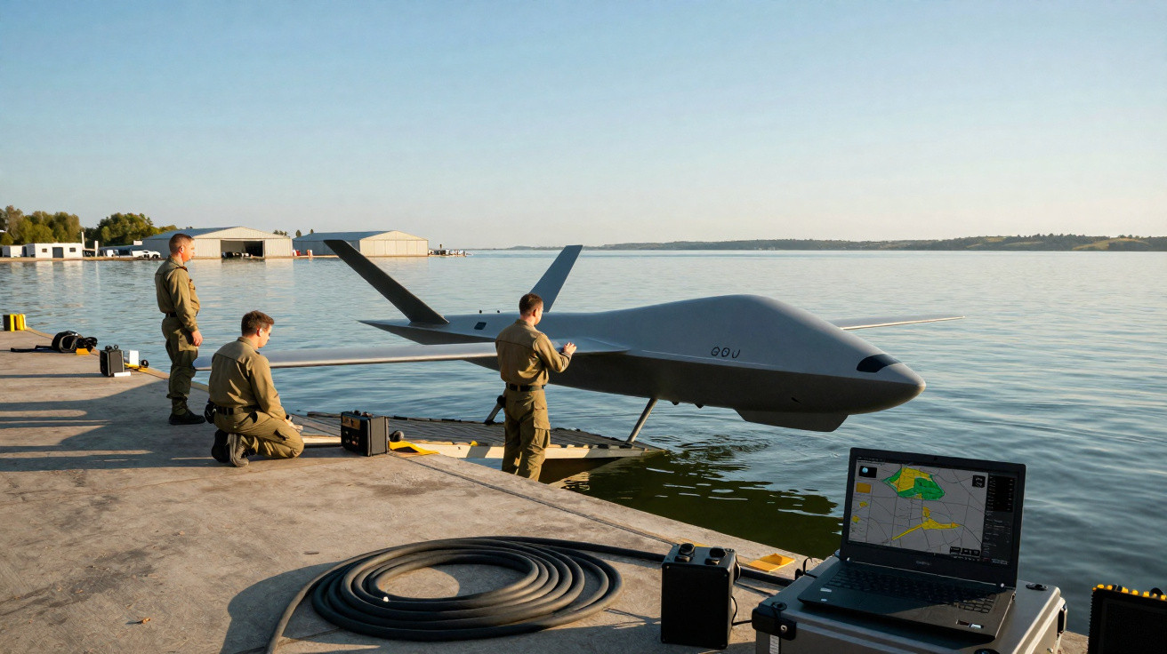 Three military personnel prepare a large drone for deployment by a lakeside dock with a laptop and equipment nearby.