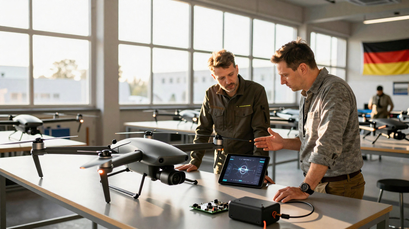 Two men examining a large drone and its control tablet on a workshop table with more drones in the background.