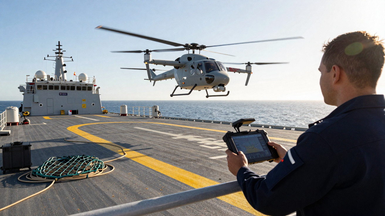 Man operating drone helicopter on naval ship deck at sea during daytime