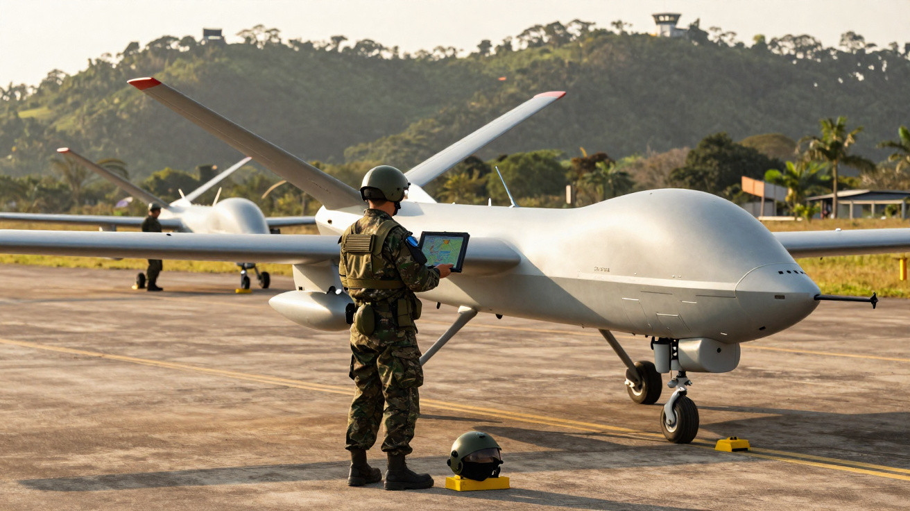 Soldier operating a drone with a tablet on an airstrip, two drones and forested hills in the background.