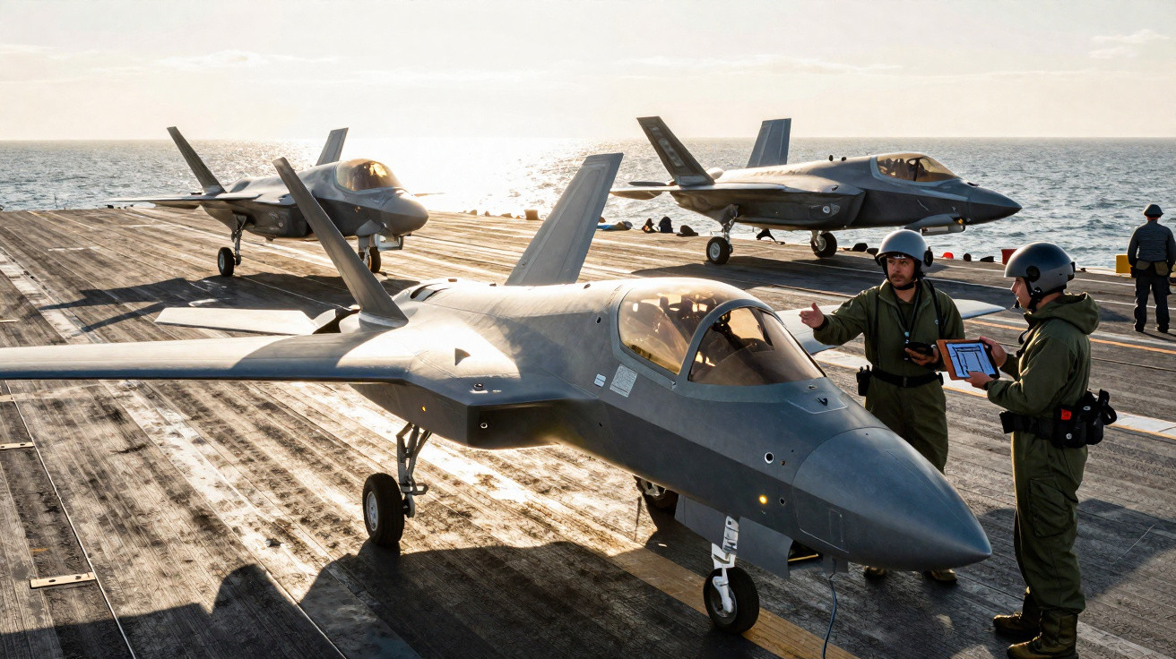 Three stealth fighter jets parked on an aircraft carrier deck with two military personnel in conversation.