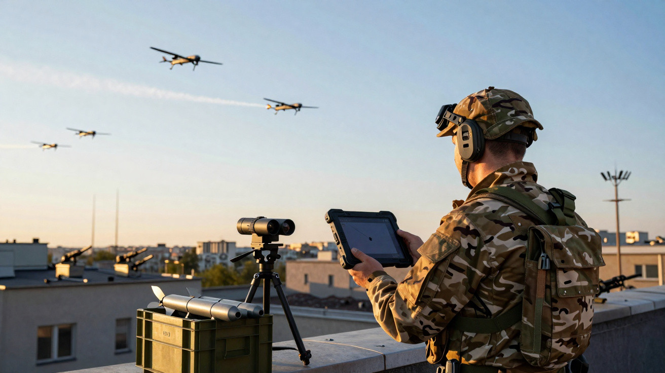 Soldier in camouflage controls drones flying over urban rooftops at sunset with binoculars and a tablet.