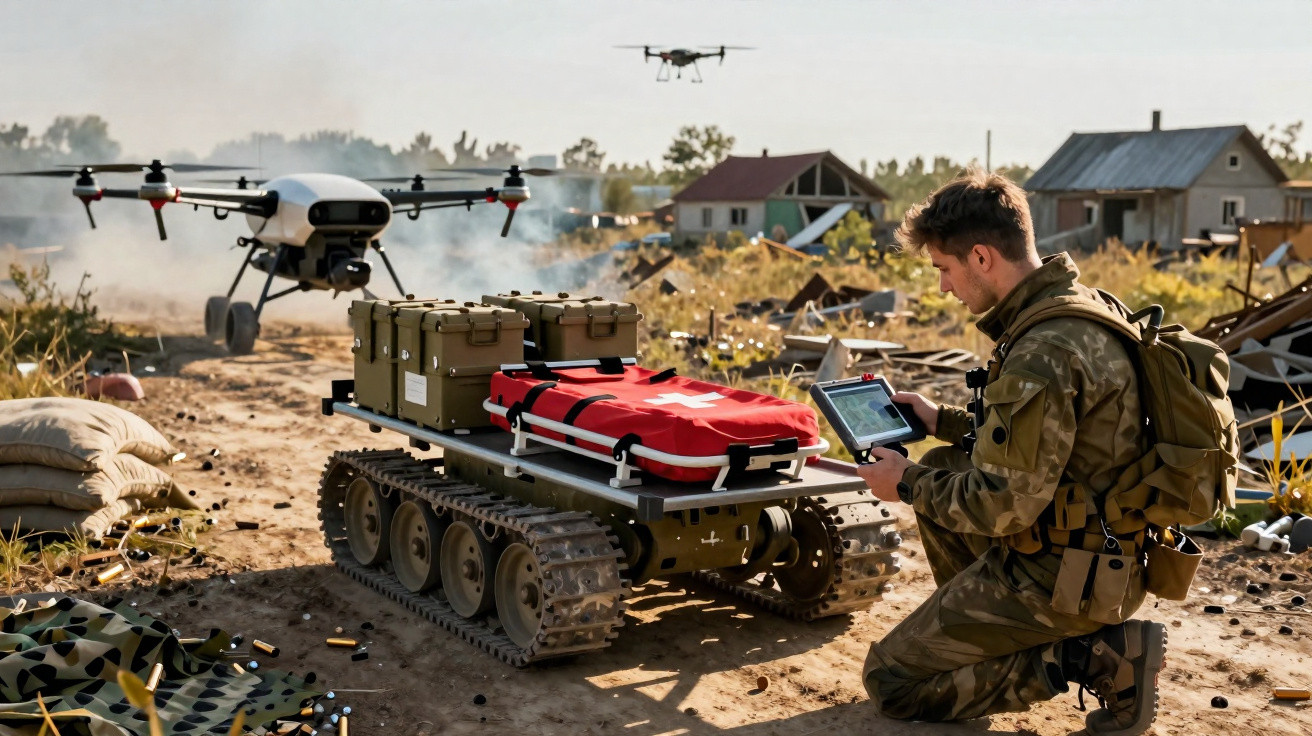 Soldier in camouflage operating medical supply robot and drones in a rural, debris-strewn area.