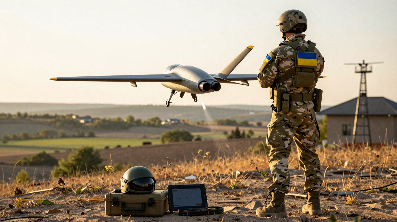 Soldier in camouflage operating a drone over a rural landscape at sunset with control equipment on the ground.