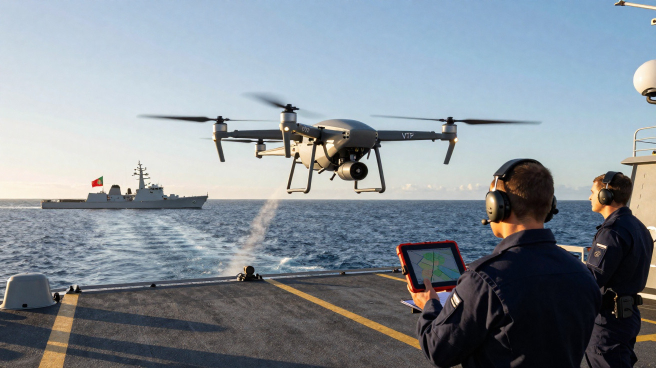 Drone launching from a navy ship deck, operated by personnel with a warship visible in the background at sea.