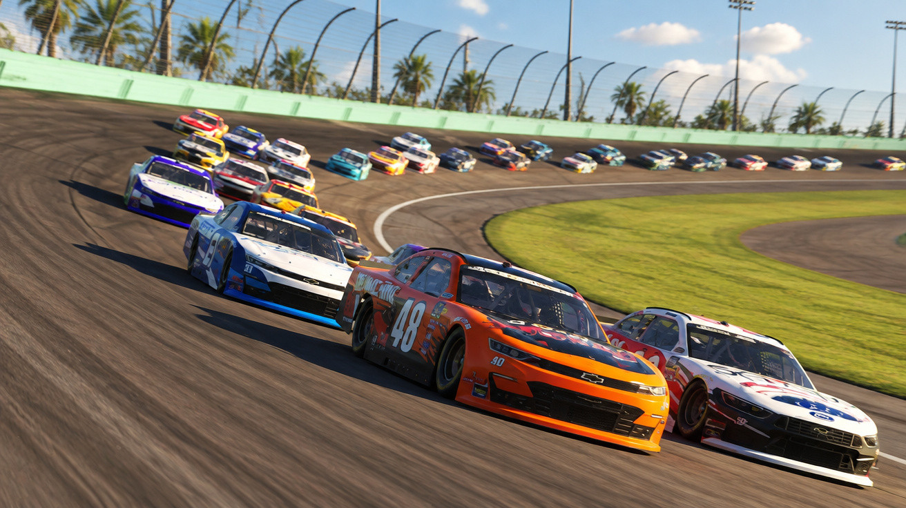 Race cars speeding on a curved track at a professional motorsport event with palm trees in the background.