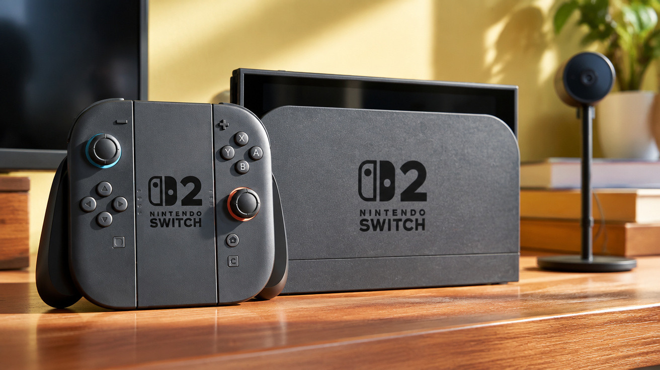 Nintendo Switch 2 handheld console and dock placed on a wooden surface in a sunlit room.