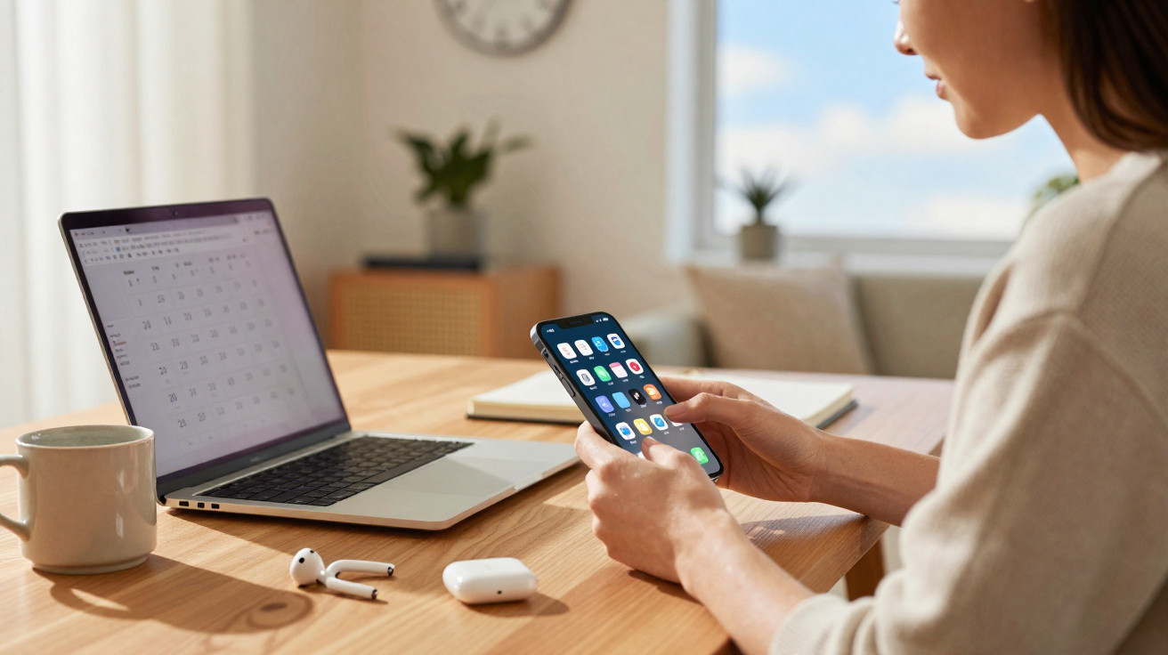 Person holding smartphone with apps at a wooden desk with open laptop, wireless earphones, and coffee mug nearby.