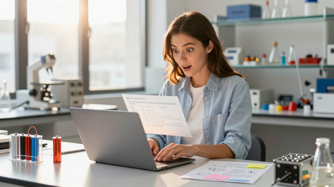 Young woman in a lab looking surprised at a laptop screen while holding a floating sheet of paper.