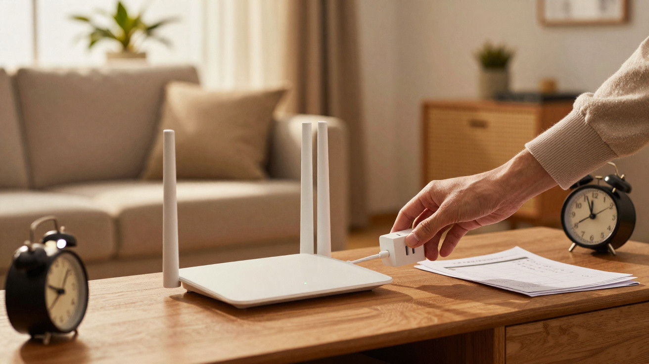 A hand plugging an ethernet cable into a white Wi-Fi router on a wooden table in a living room.