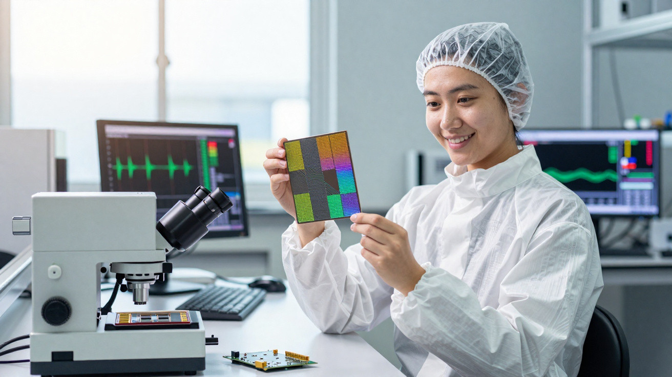 Engineer in cleanroom suit examining a semiconductor wafer chip in a high-tech laboratory environment.