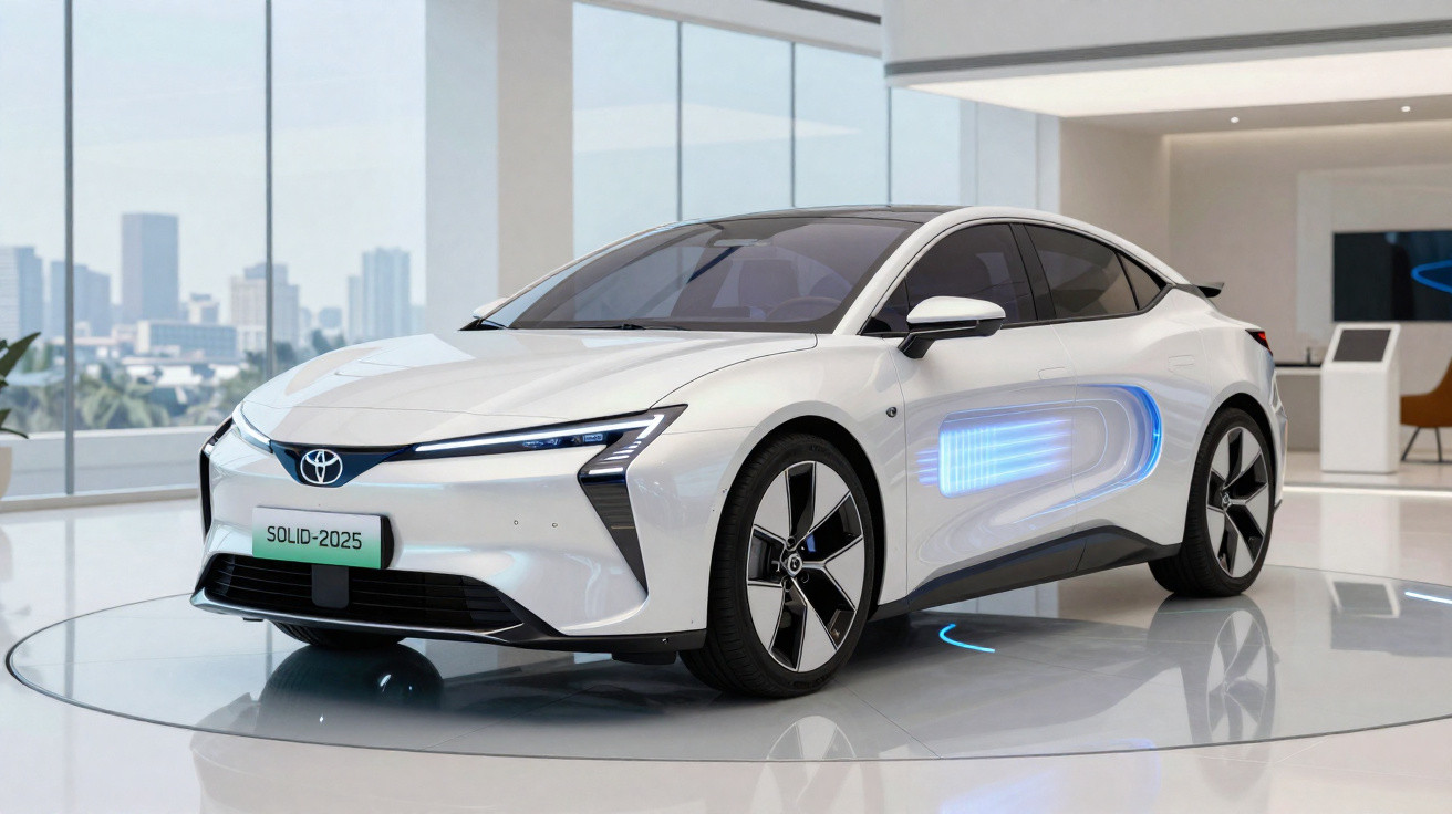 White Toyota SOLID-2025 electric concept car displayed in a modern showroom with cityscape through windows.