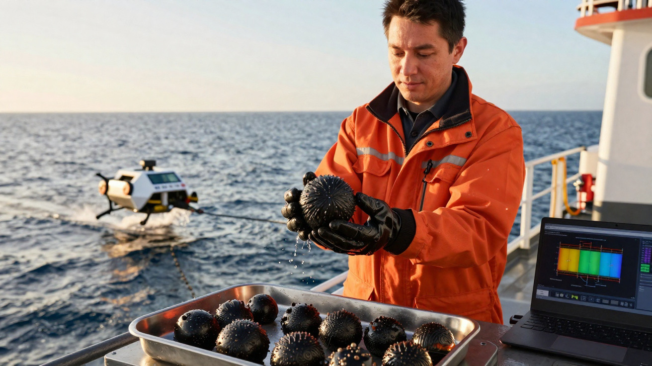 Scientist in orange jacket holding a black sea urchin on a research vessel with ocean and equipment in the background.
